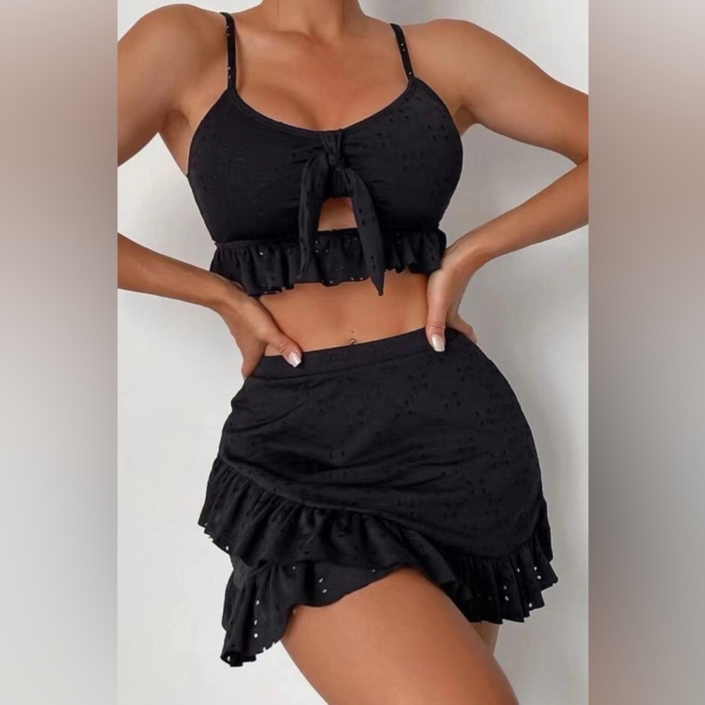 3Pc Swim Set Black Lace Knotted Ruffle Trim Bikini Set With Wrap Skirt NWT
